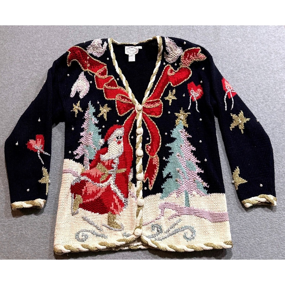 Stitches In Time Vintage Christmas Cardigan Santa Pearl Embellished Navy Large